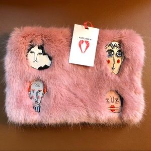 NWT Shrimps Faux Fur Pink Rose Clutch w/ Faces